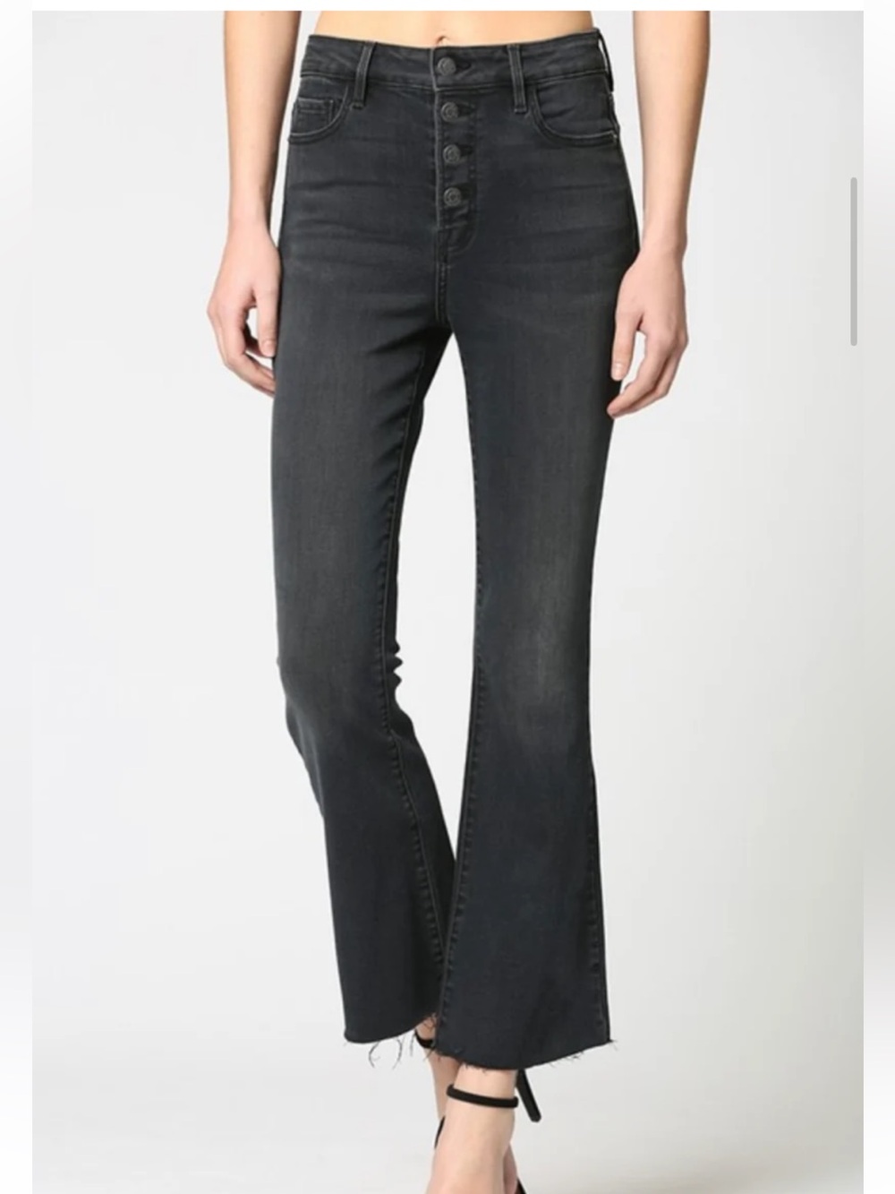 Hidden Happi High Rise Black Crop Flare Jean Raw Hem Size 25